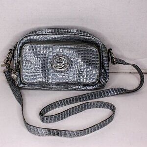 Kathy Van Zeeland Purse Shoulder Bag Faux Croc Embossed Leather Silver G…